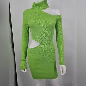 Neon Green One-Shoulder Cutout Bodycon Dress | Edgy MAY PINK Size L‎